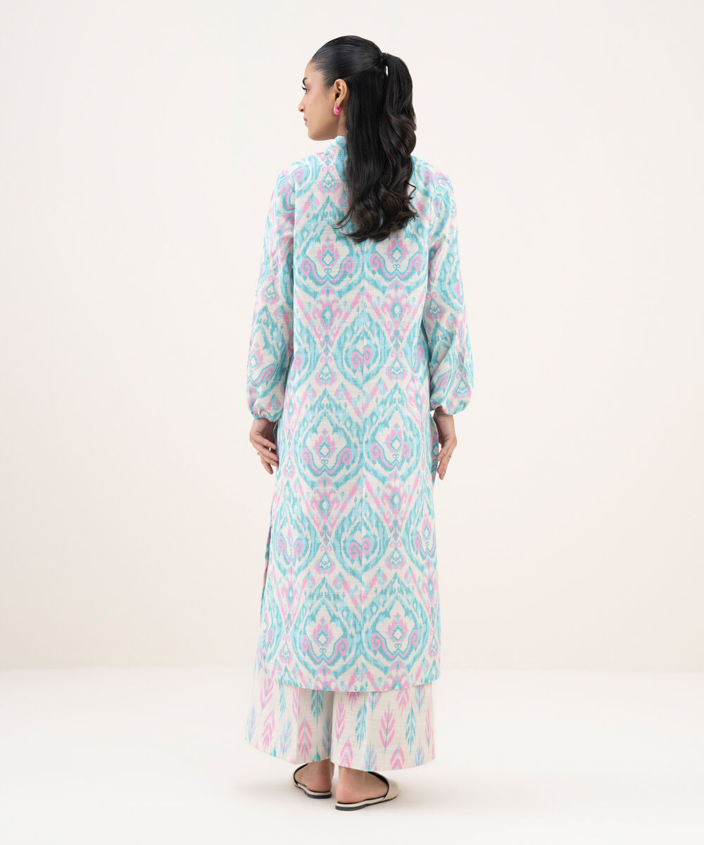 Women's RTW Khaddar Printed Straight Turquoise Shirt