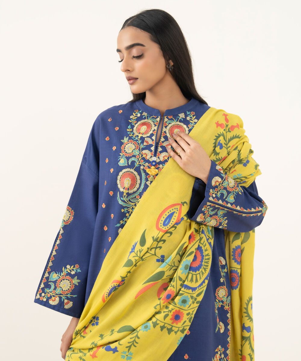 Women's Unstitched Embroidered Khaddar Blue 3 Piece Suit