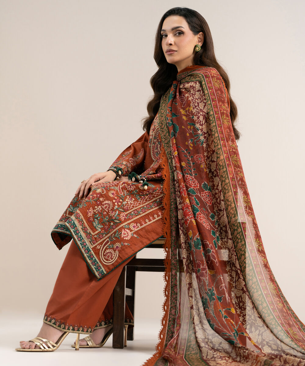 Women's Unstitched Embroidered Fine Cotton Satin Rust 3 Piece Suit