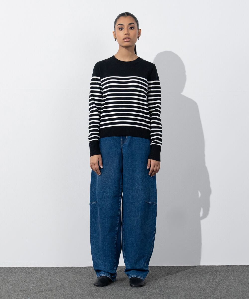 Women's Western Wear Black & White Striped Knit Sweater