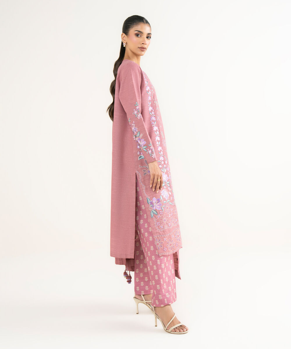 Women's Unstitched Lawn Embroidered Pink 3 Piece Suit