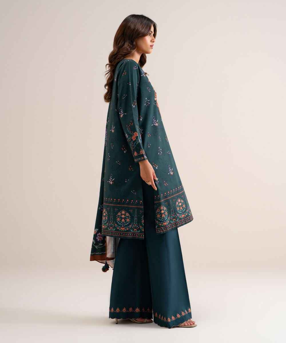 Women's Unstitched Printed Cotton Viscose Teal Green 3 Piece Suit