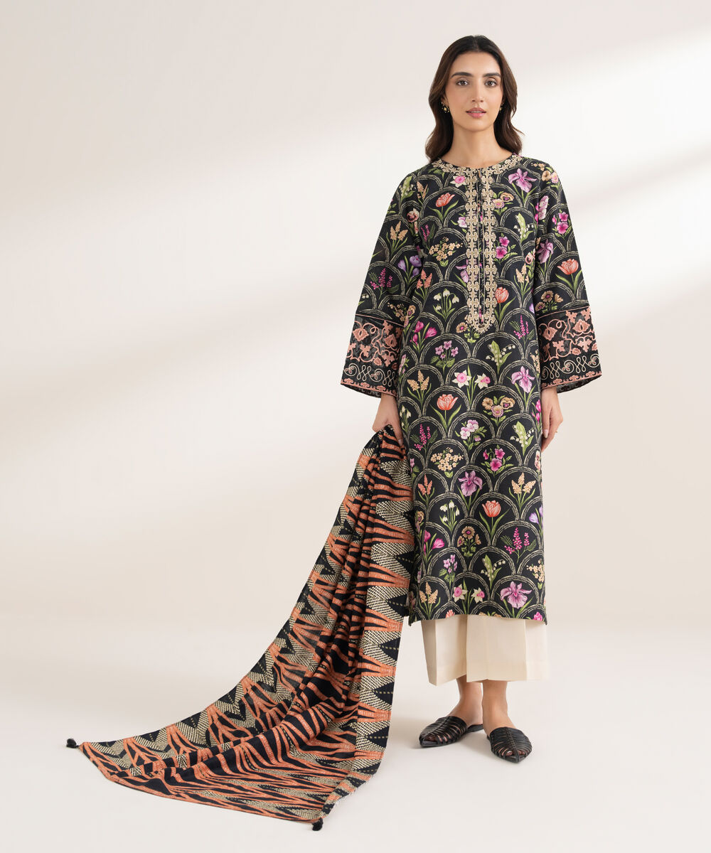 Printed Khaddar Black Dupatta