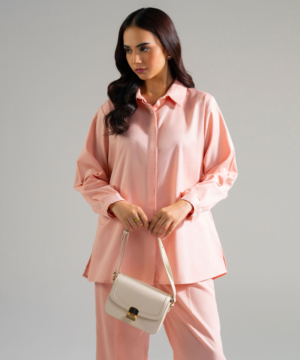 Women's RTW Cotton Linen Solid Pink 2 Piece Suit