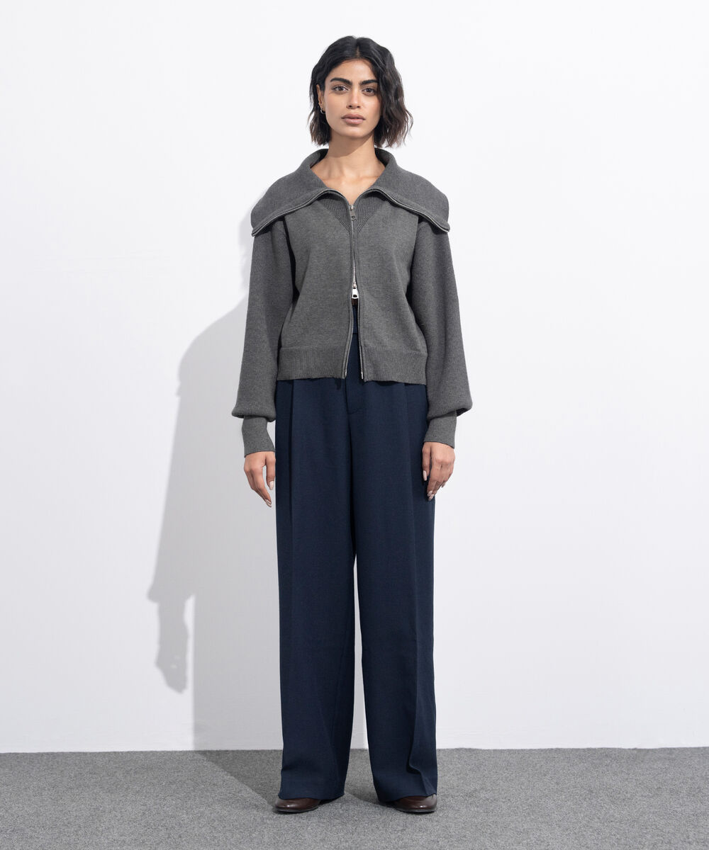 Women's Western Wear Grey Zip-Up Knit Sweater