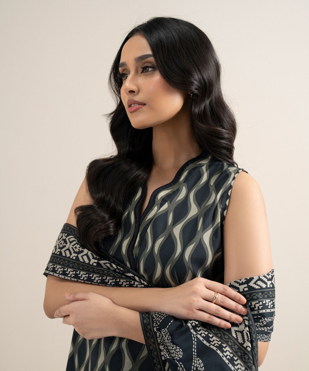 Women's Unstitched Lawn Printed Black 3 Piece Suit