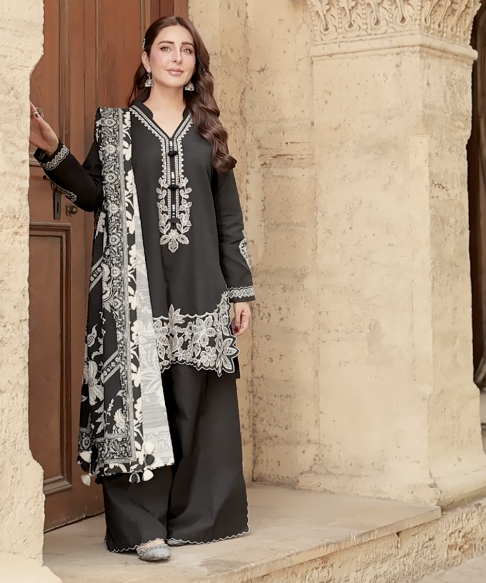 Women's Unstitched Lawn Embroidered Black 3 Piece Suit