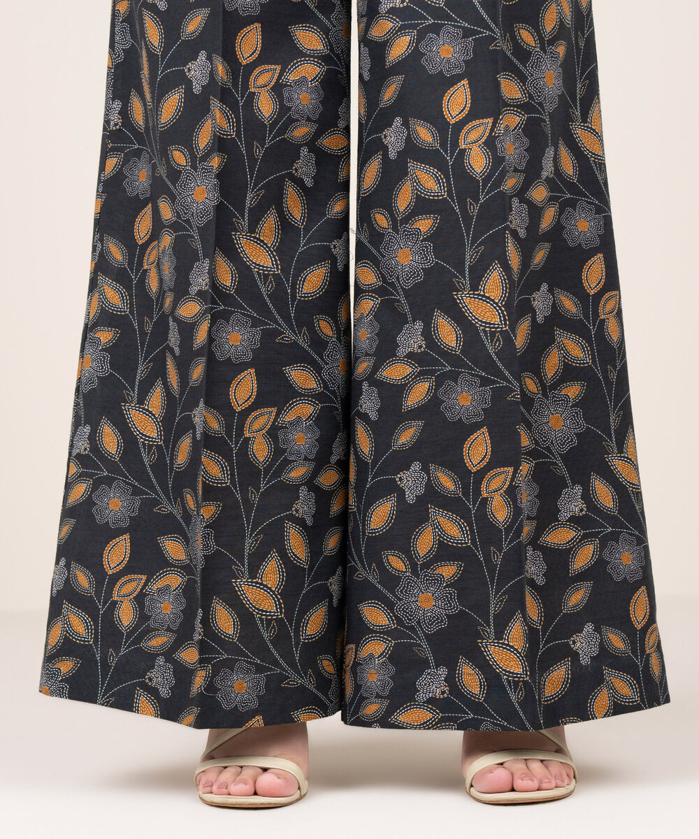 Women's RTW Khaddar Printed Black Flared Pants
