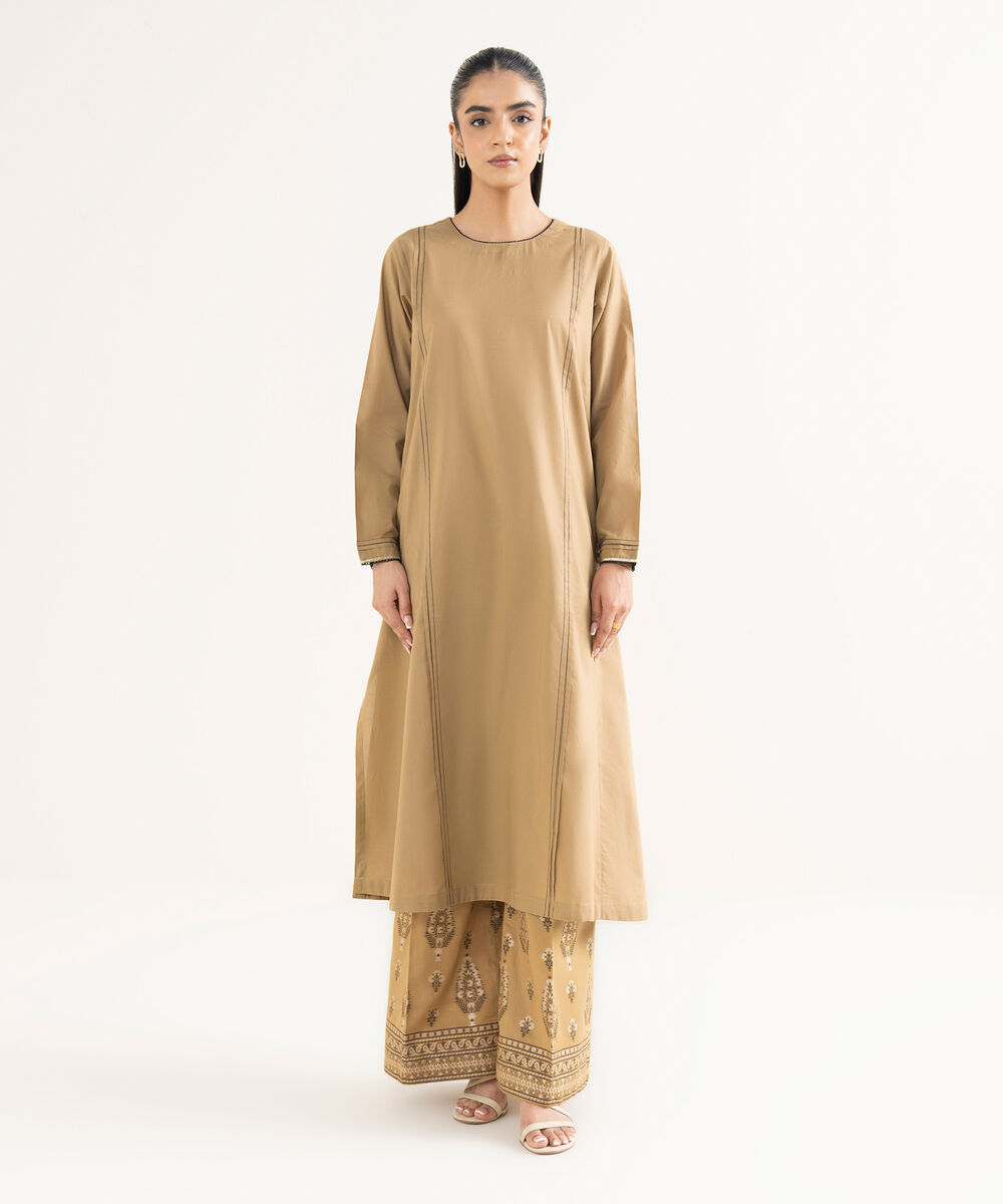 Women's RTW Cambric Solid A-Line Beige Shirt