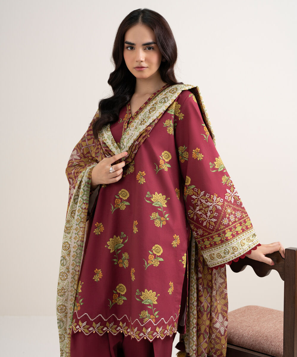 Women's Unstitched Cotton Embroidered Red 3 Piece Suit