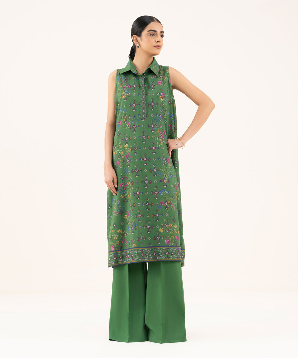 Women's Unstitched Cotton Printed Green 2 Piece Suit