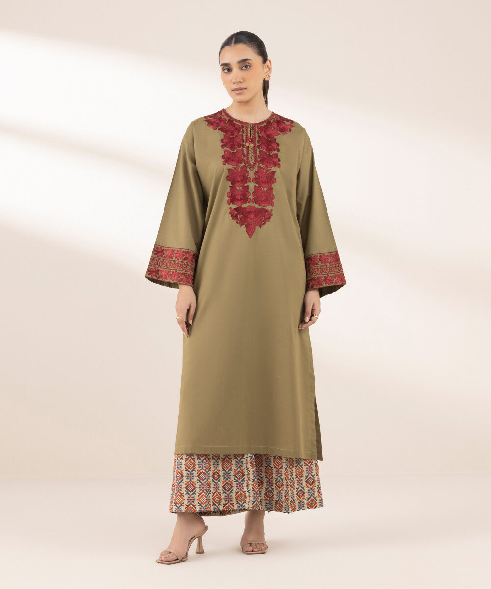 Women's RTW Textured Lawn Green Embroidered Boxy Shirt