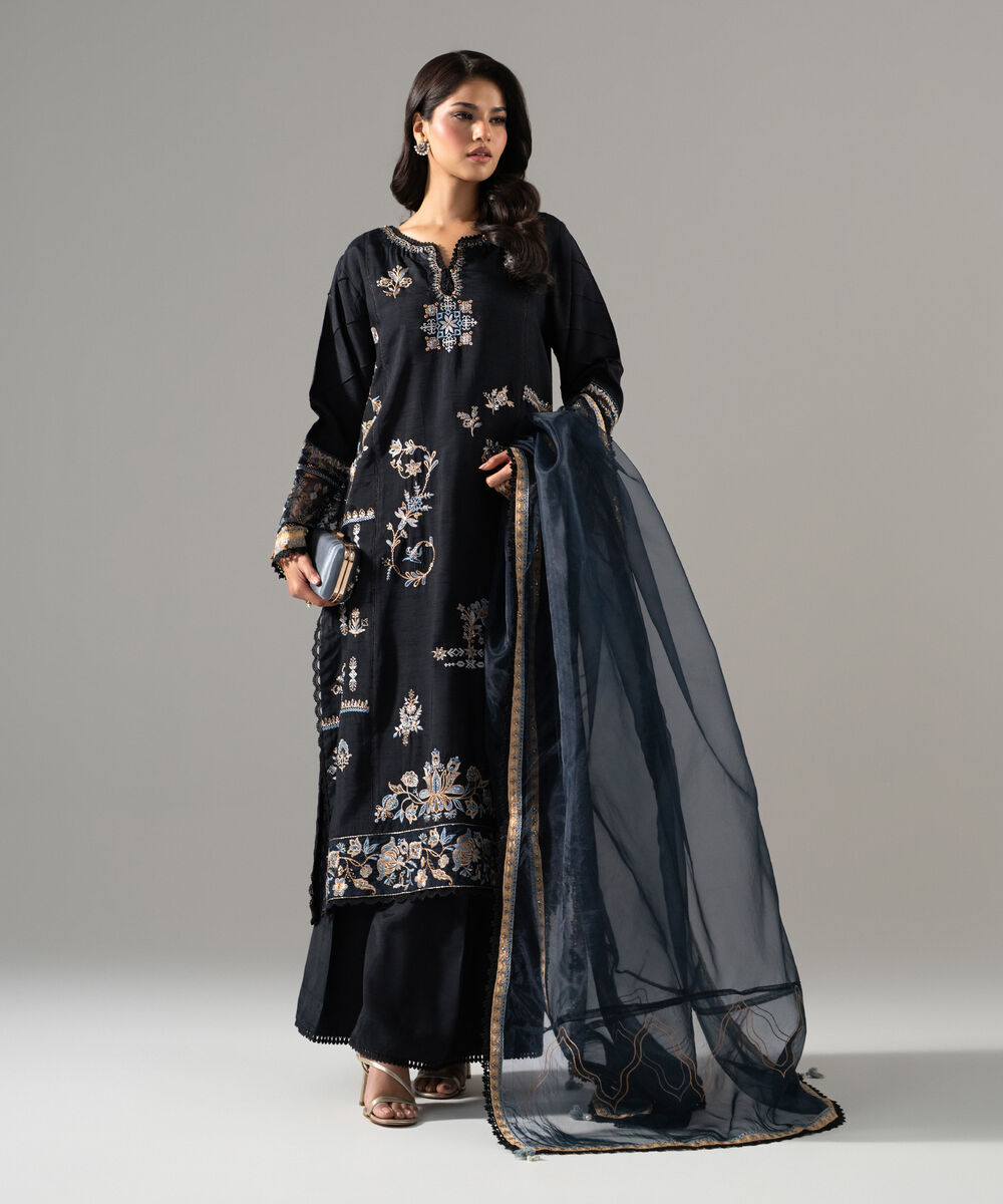 Women's RTW Raw Silk Solid Embroidered Black 3 Piece Suit
