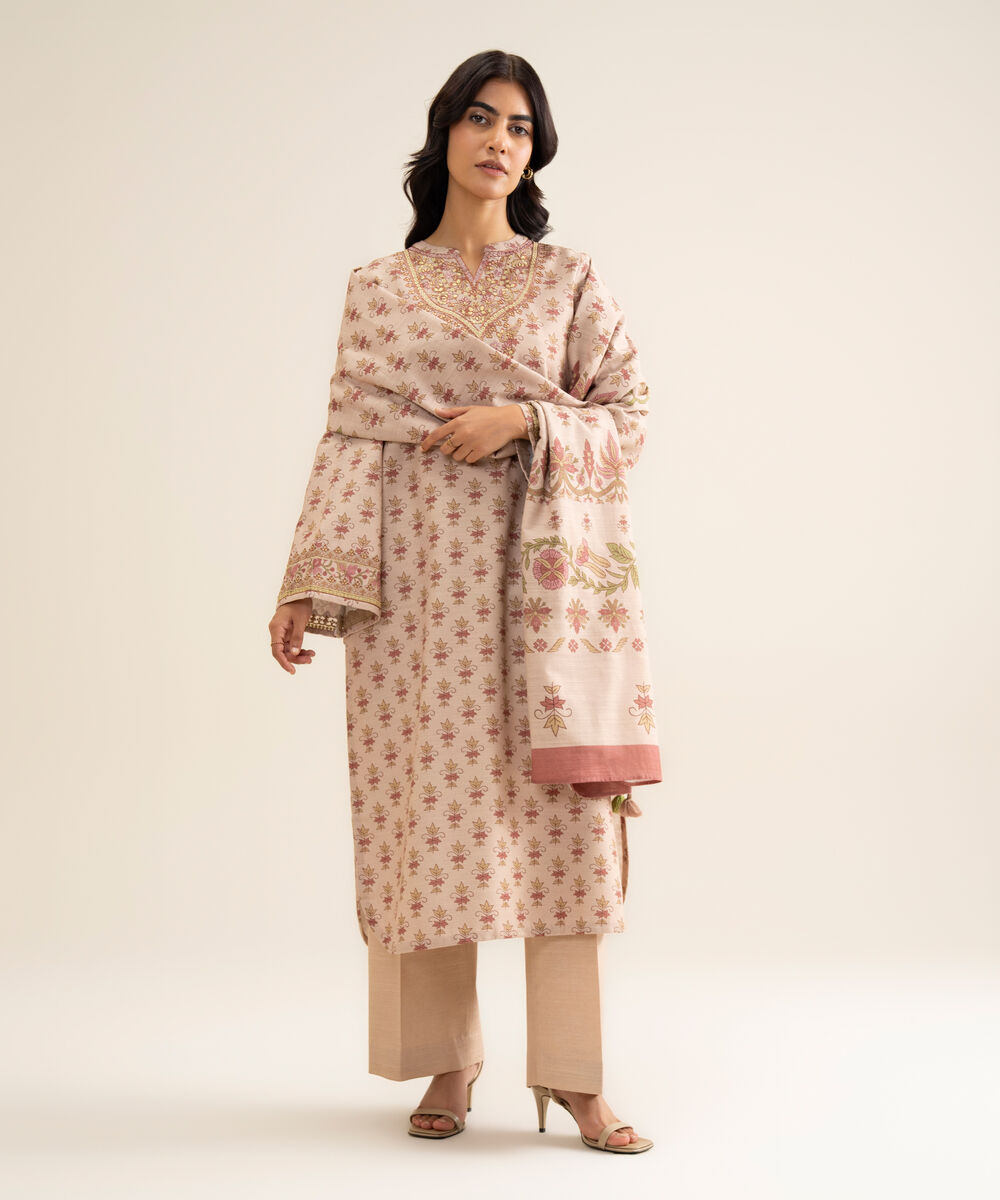 Women's Unstitched Premium Khaddar Embroidered Beige 3 Piece Suit