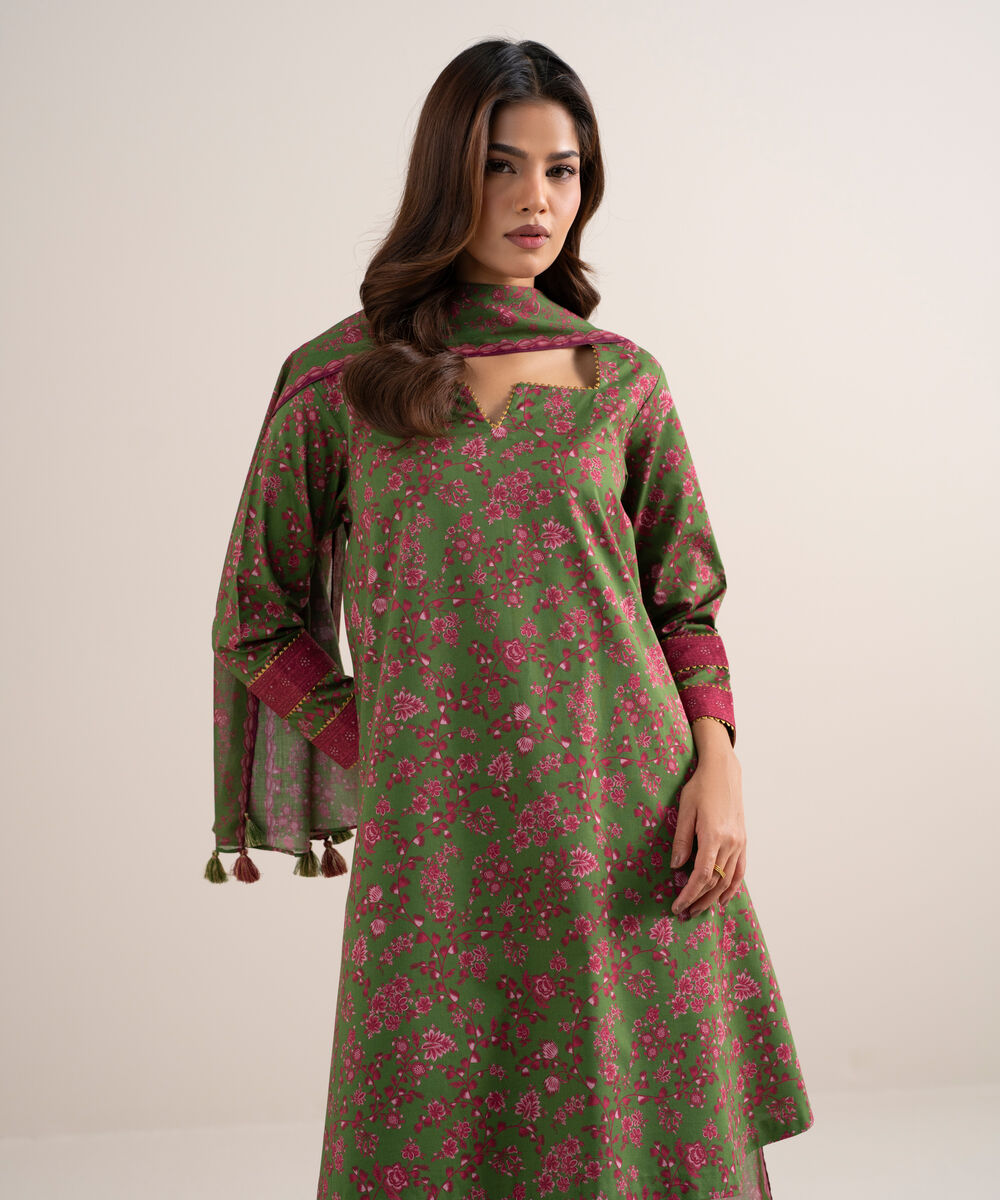 Women's Unstitched Lawn Printed Olive Green 3 Piece Suit