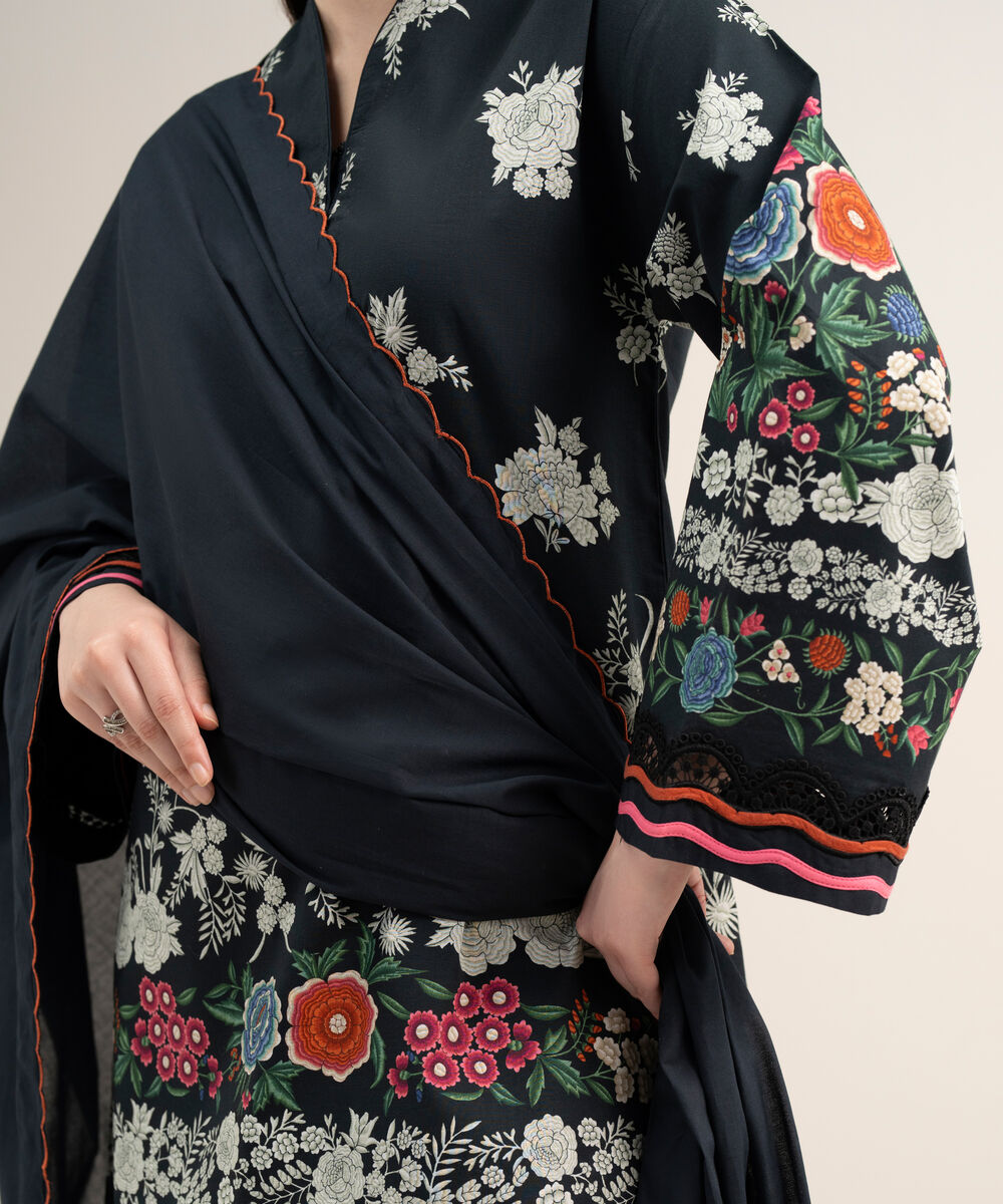 Women's Unstitched Lawn Embroidered Black  3 Piece Suit