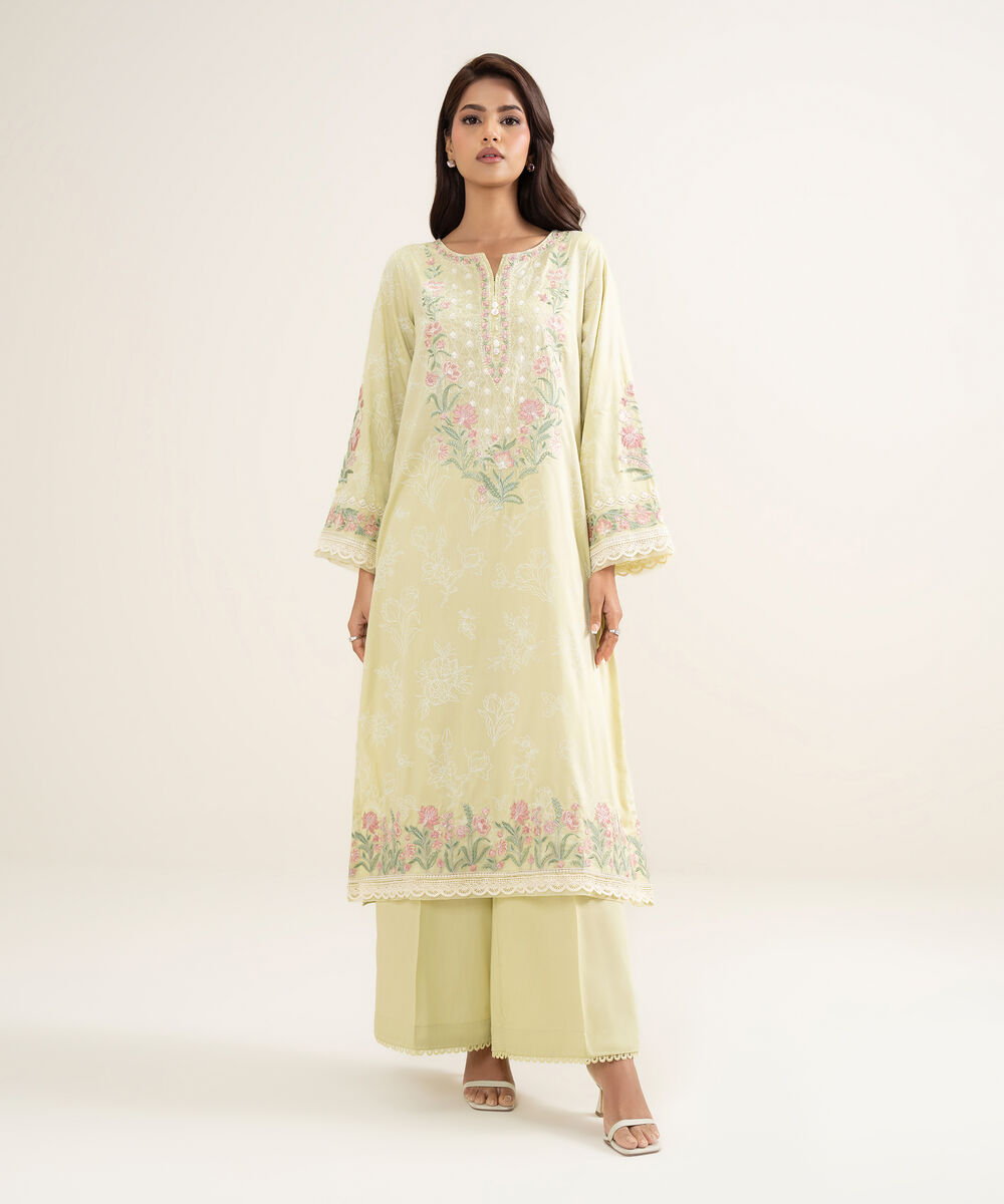 Women's RTW Premium Cotton Satin Embroidered Yellow A-Line Shirt