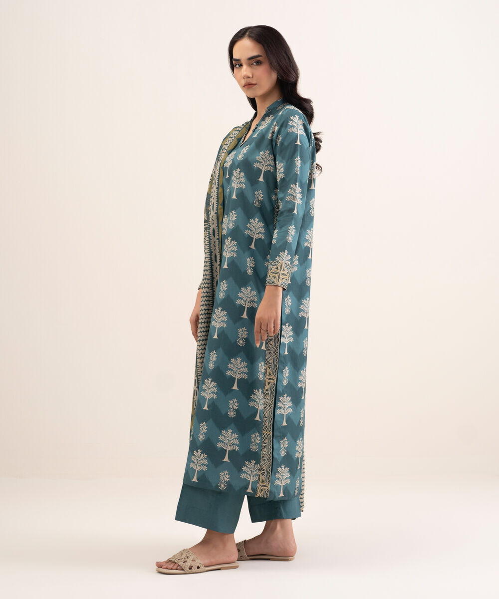 Women's Unstitched Lawn Printed Blue 3 Piece Suit