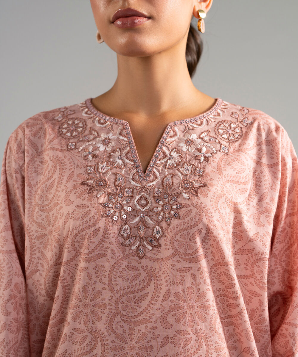Women's RTW Slub Lawn Embroidered Pink 3 Piece Suit