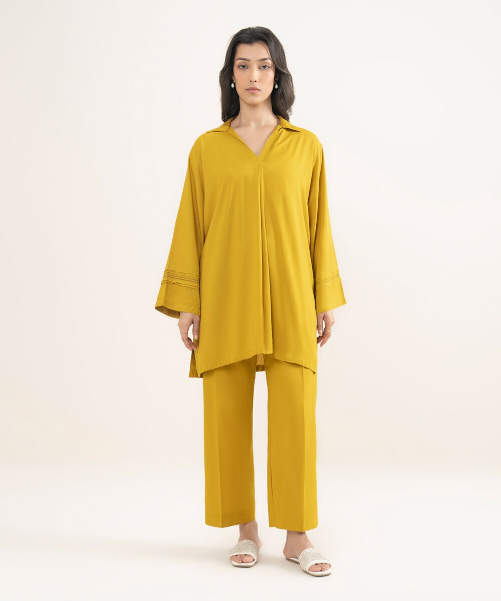 Women's RTW Arabic Lawn Solid Mustard Straight Shirt