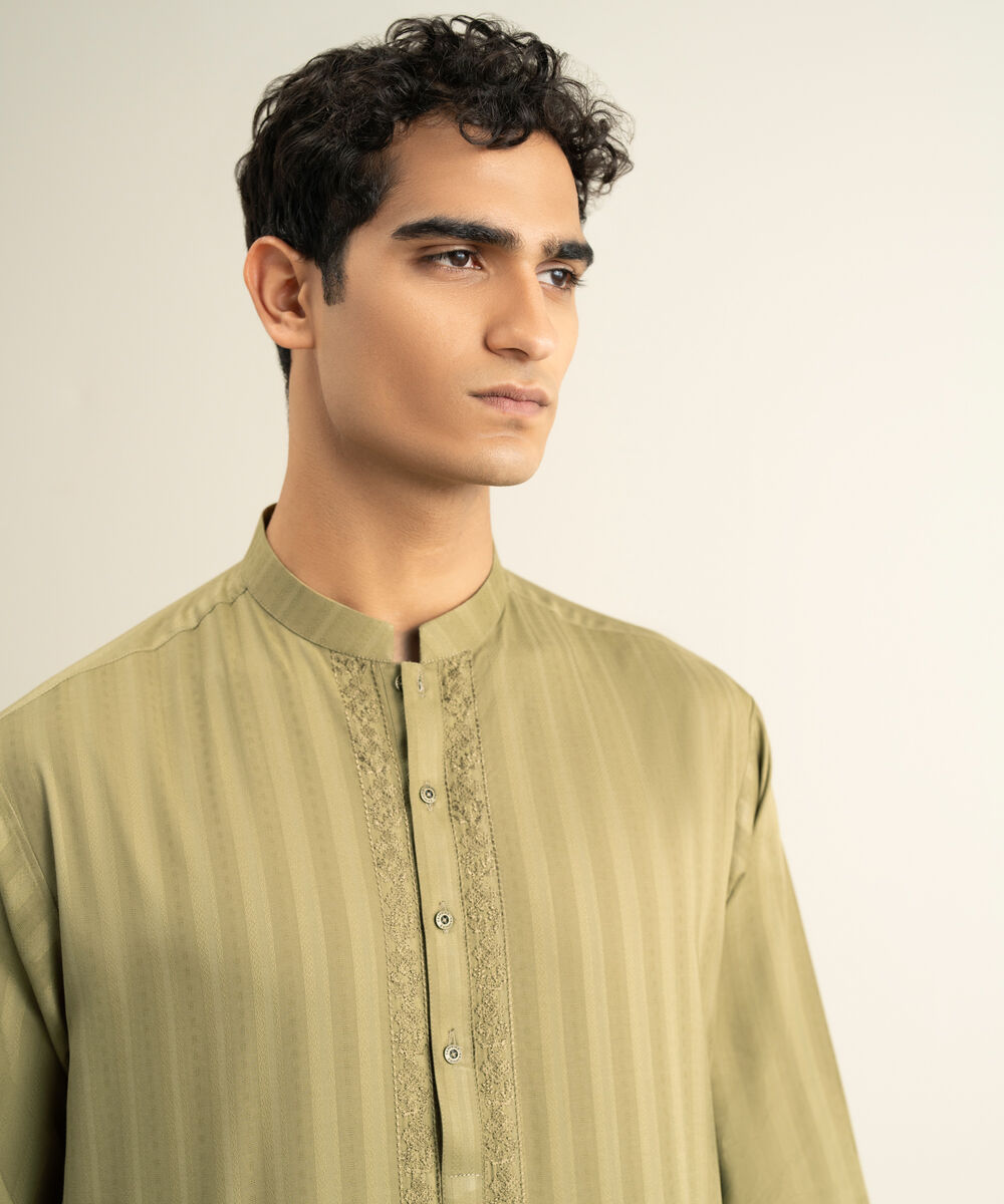 Men's olive Leno Jacquard Kurta