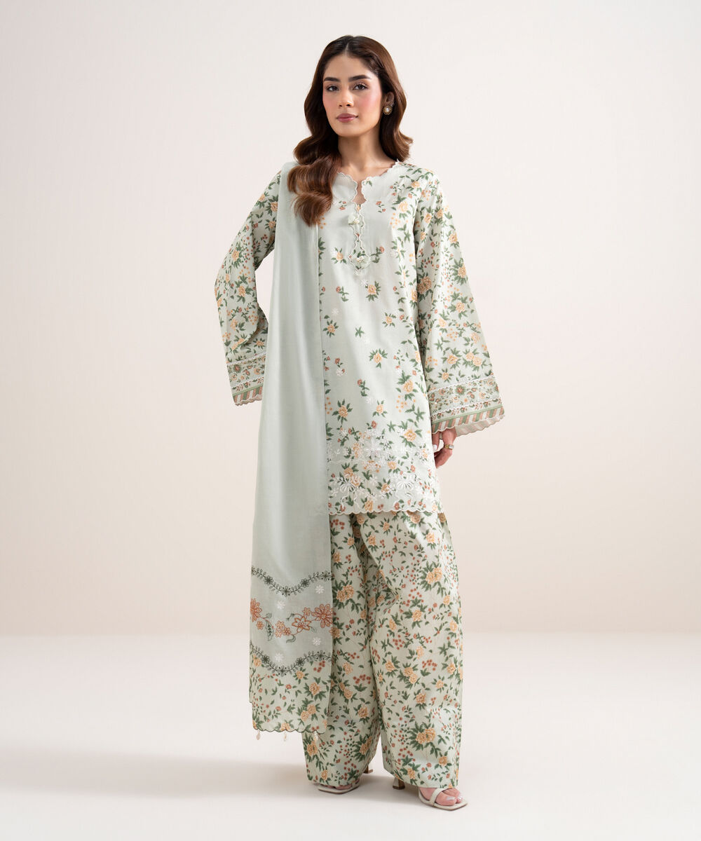 Women's Unstitched Lawn Embroidered Beige 3 Piece Suit