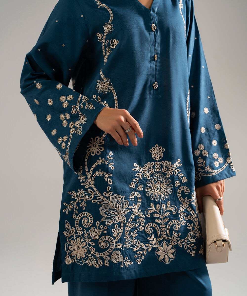 Women's RTW Self Jacquard Embroidered Blue 2 Piece Suit