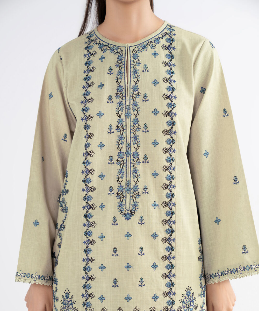 Women's Unstitched Cross Hatch Embroidered Beige 3 Piece Suit