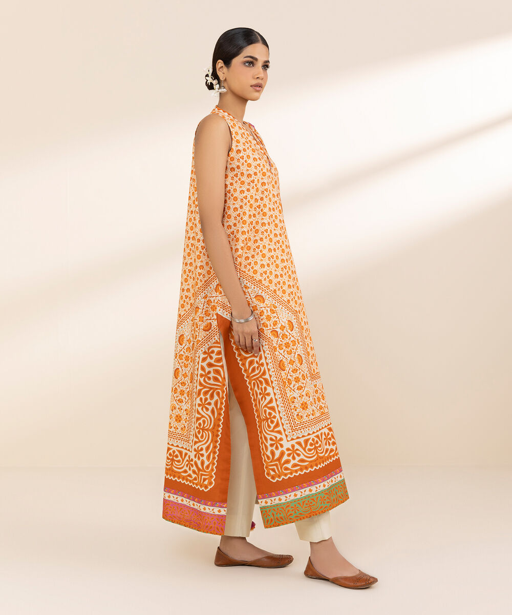 Women's Unstitched Lawn Printed Orange 3 Piece Suit