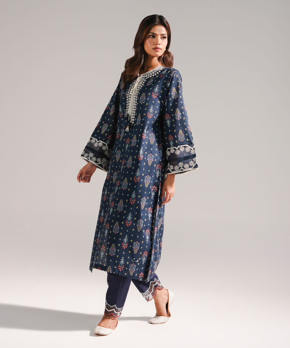 Women's RTW Slub Lawn Embroidered Dark Blue Straight Shirt