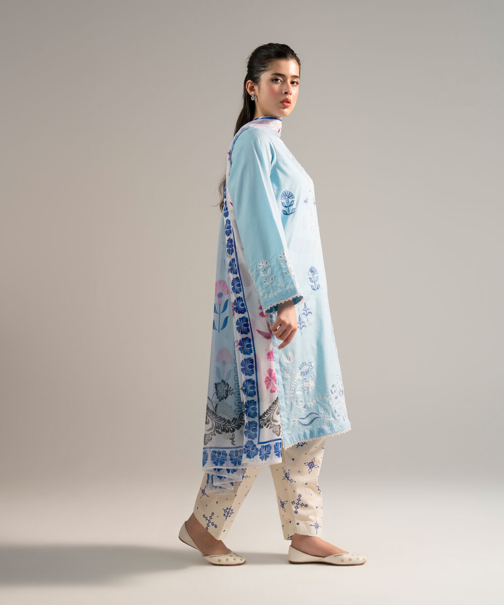 Women's RTW Dobby Embroidered Light Blue 3 Piece Suit