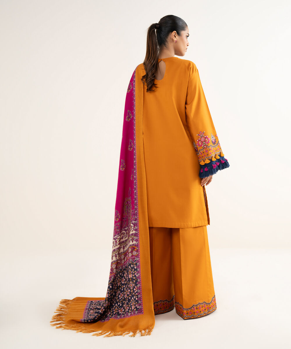 Women's Unstitched Twill Embroidered Orange 3 Piece Suit