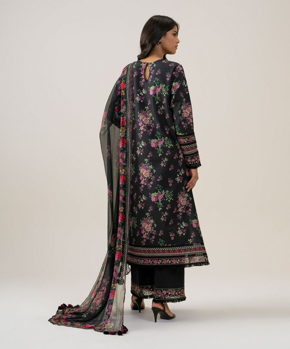 Women's Unstitched Blended Chiffon Printed Black 3 Piece Suit