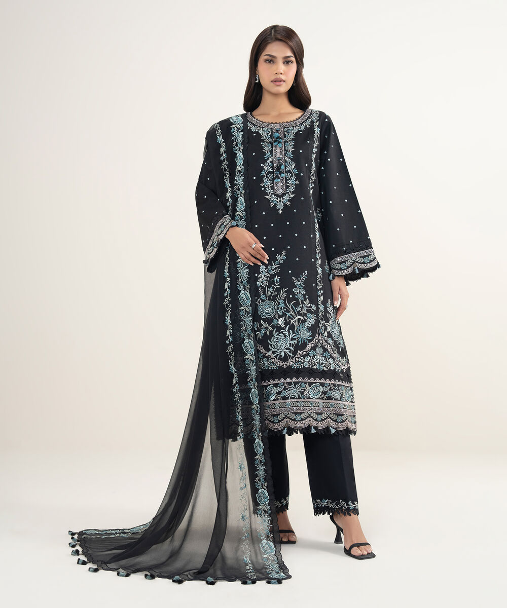 Women's Unstitched Cotton Net Embroidered Black 3 Piece Suit