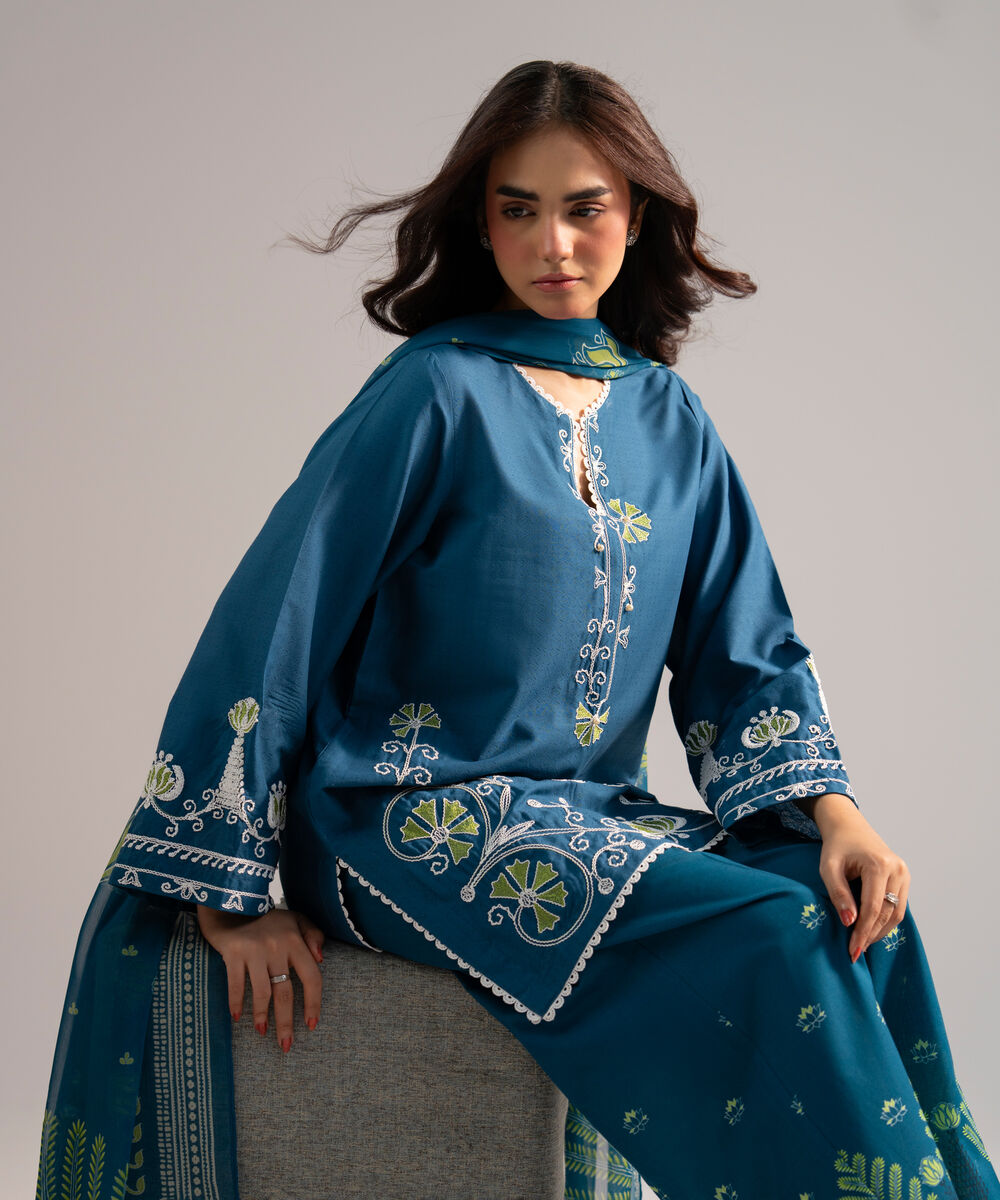 Women's RTW Dobby Embroidered Blue 3 Piece Suit