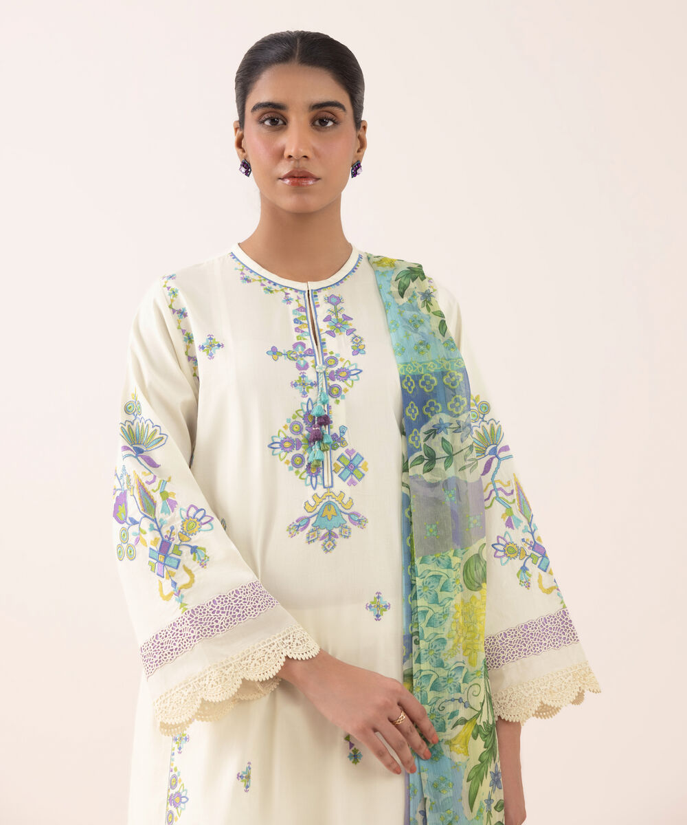 Women's Unstitched Textured Lawn Embroidered Off White 3 Piece Suit