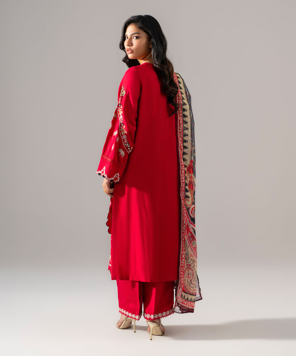 Women's RTW Bright Raw Silk Embroidered Red 3 Piece Suit