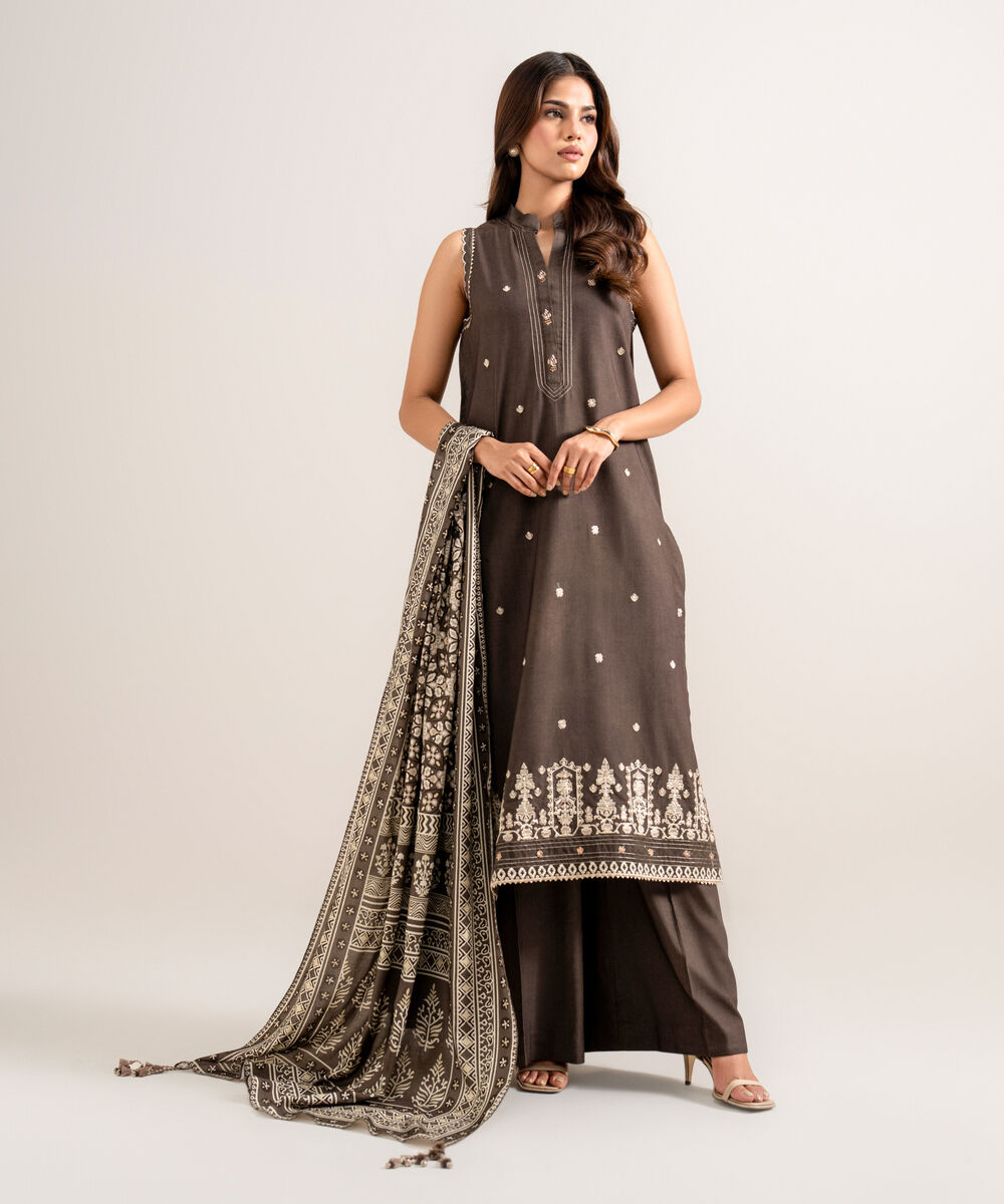 Women's Unstitched Embroidered Linen Brown 3 Piece Suit