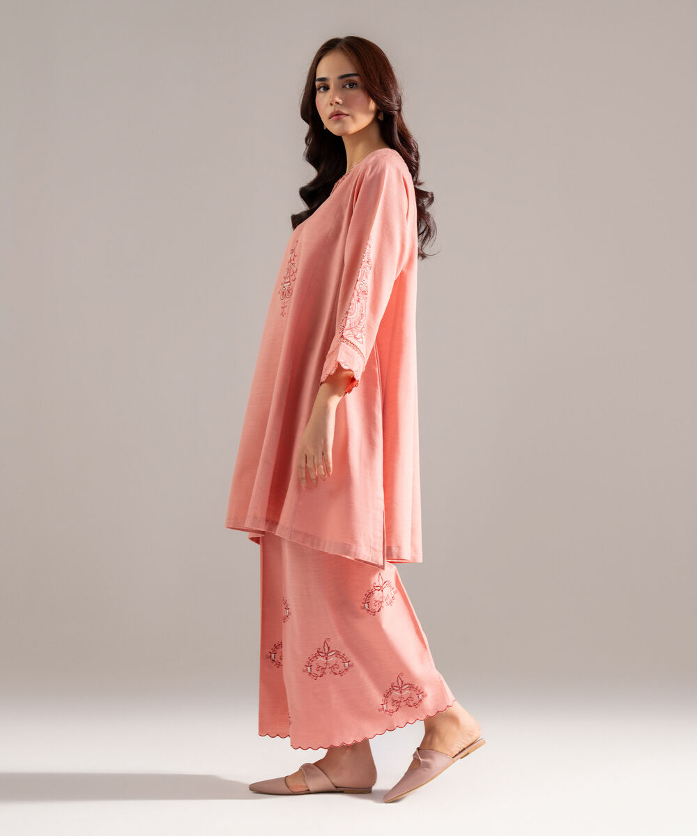 Women's RTW Khaddar Solid Embroidered Pink Flared A-Line Shirt