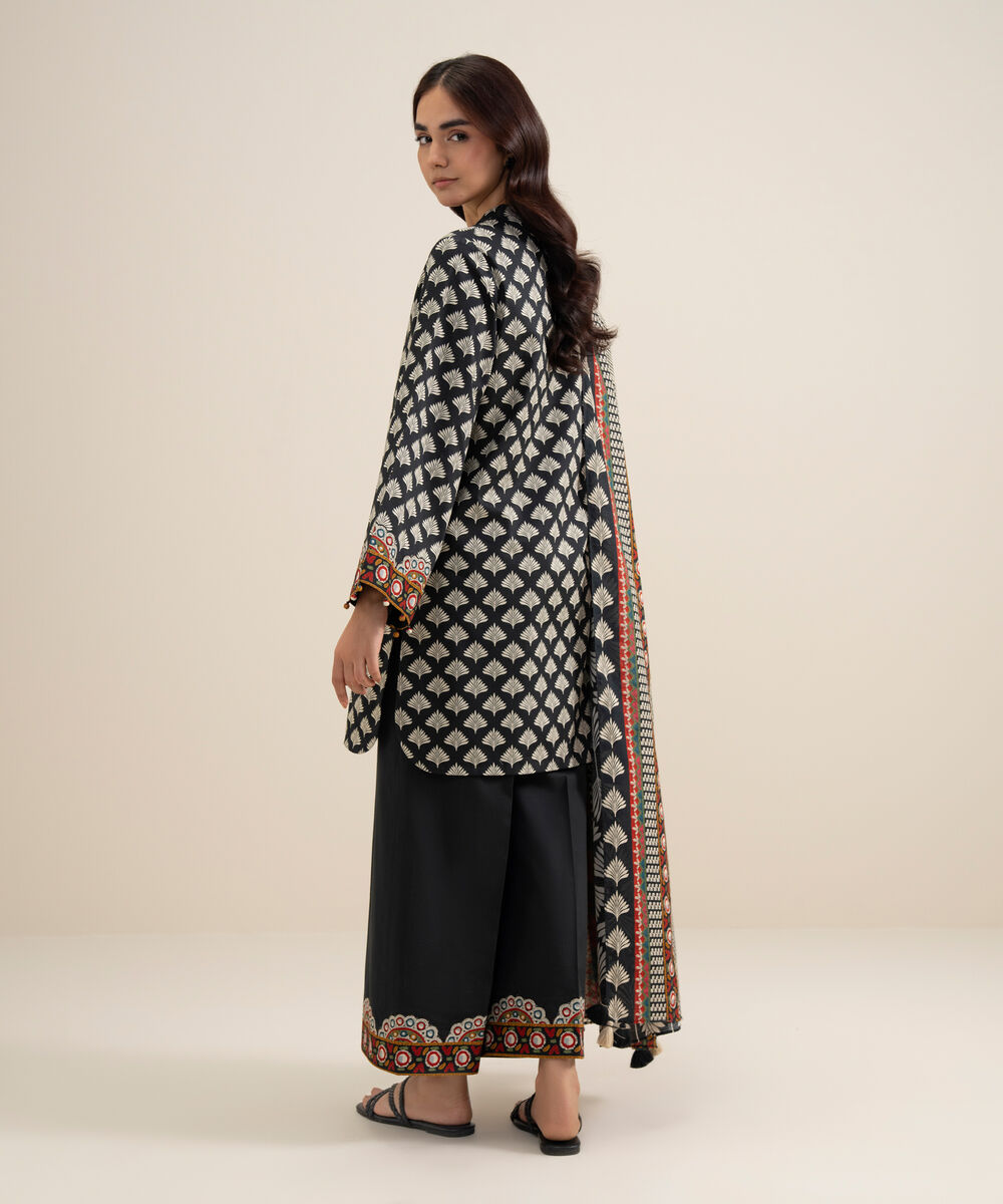 Women's Unstitched Lawn Printed Black and Off White 3 Piece Suit