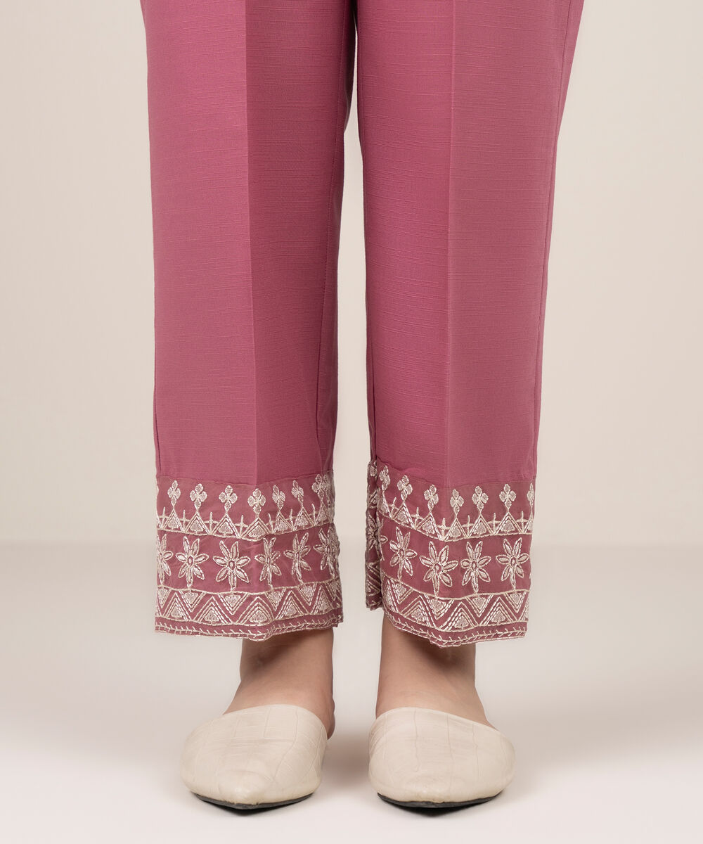 Women's RTW Cotton Embroidered Pink Straight Pants
