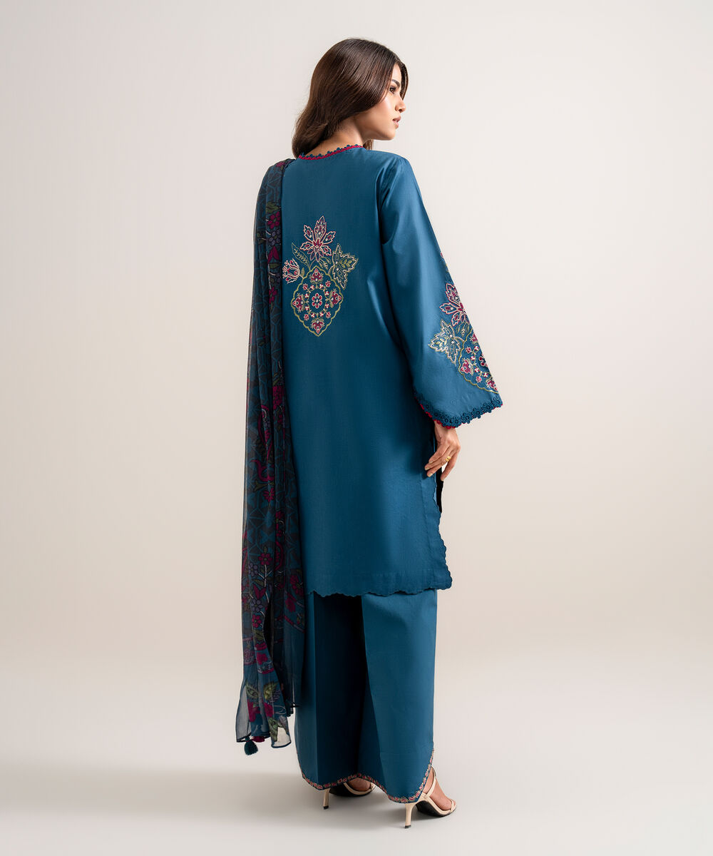 Women's Unstitched Embroidered Cotton Viscose Teal Blue 3 Piece Suit