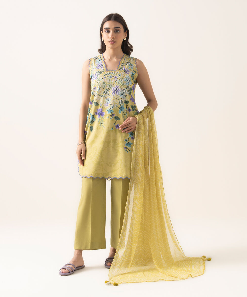 Women's Unstitched Lawn Printed Yellow 3 Piece Suit