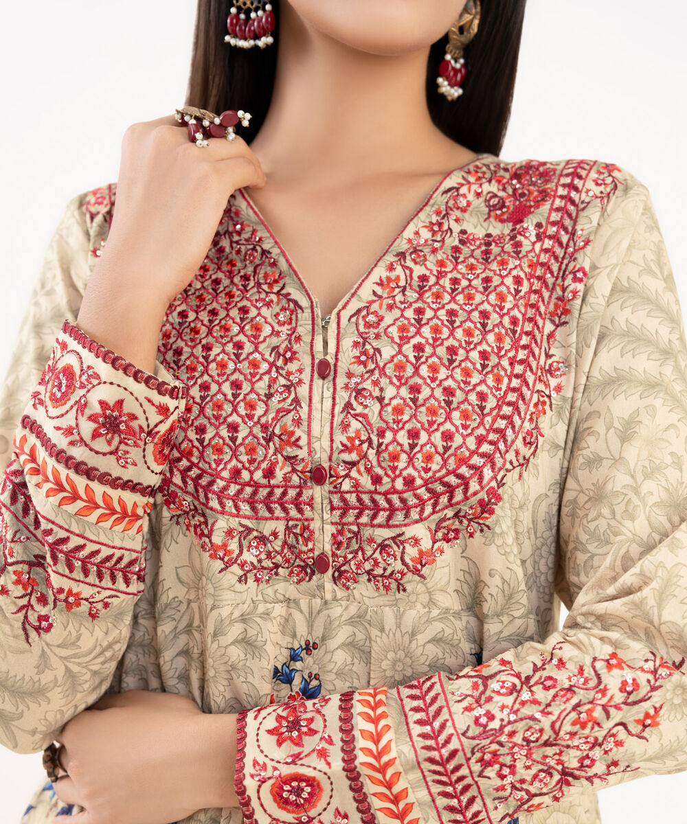 Women's RTW Lawn Viscose Beige Embroidered Pishwas