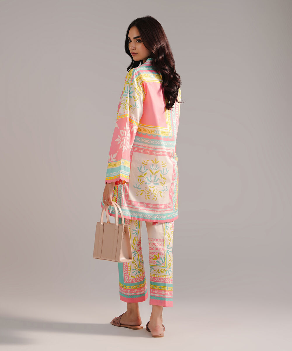 Women's RTW Cambric Printed Pink Drop Shoulder Shirt