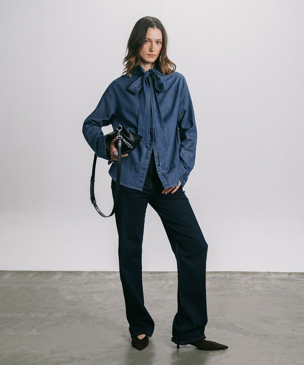 Women's Western Wear Blue Denim Shirt With Self-Tie Fastening