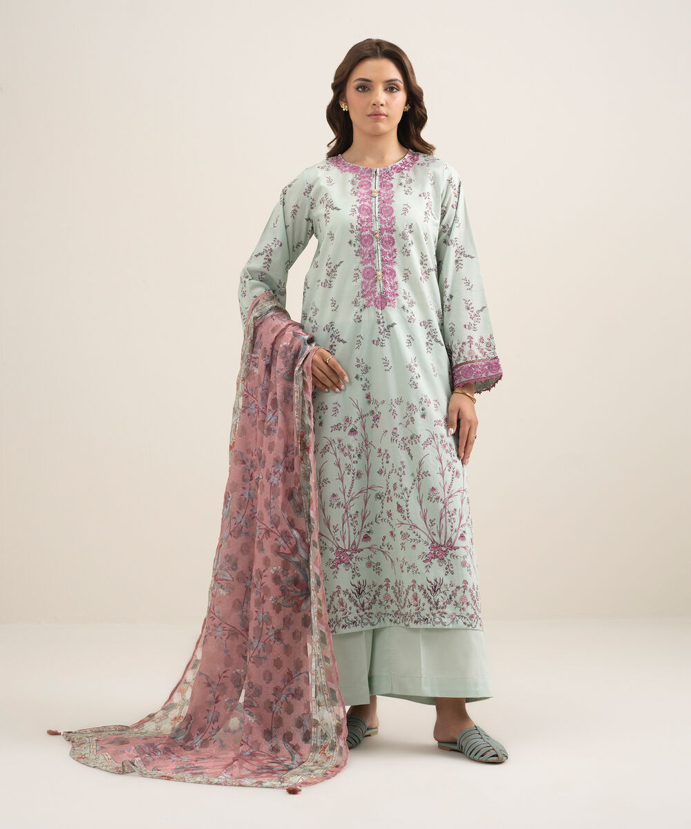 Women's RTW Lawn Embroidered Seafoam Green A-Line Shirt