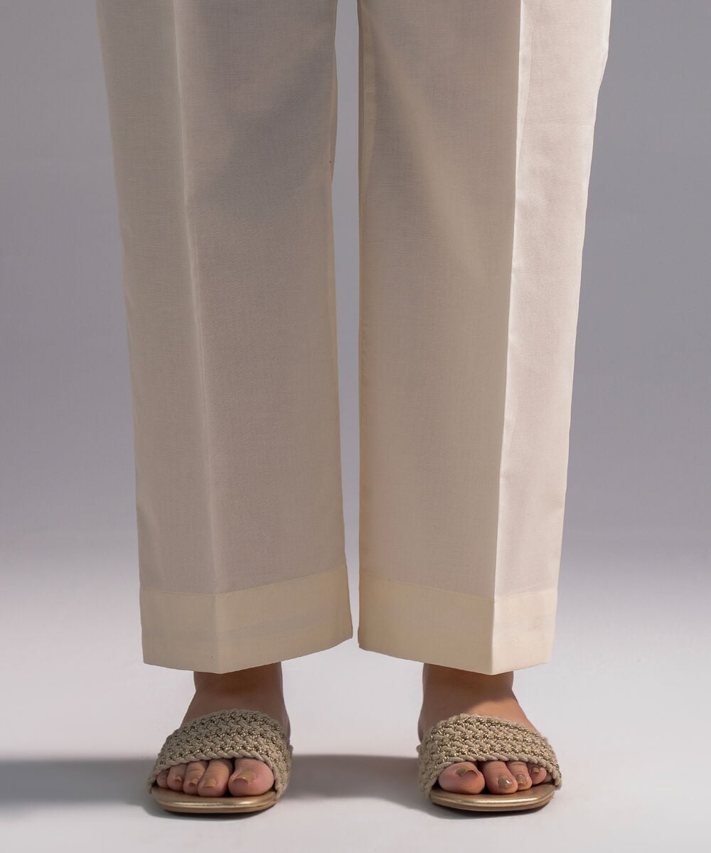 Women's RTW Cambric Solid Off White Straight Pants