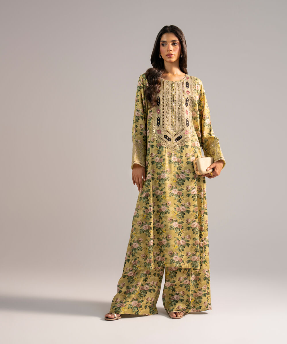 Women's RTW Viscose Raw Silk Embroidered Yellow 2 Piece Suit