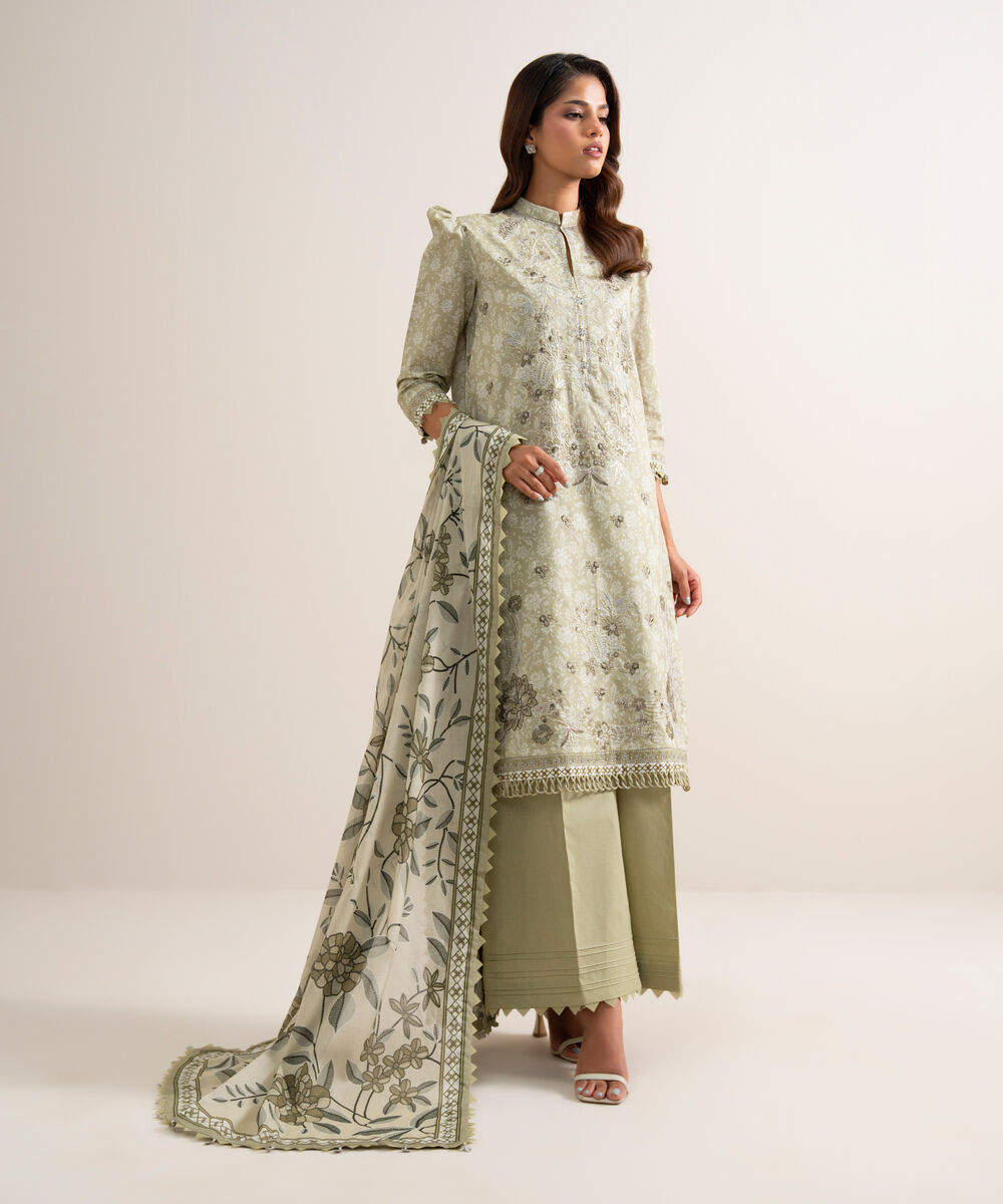 Women's Unstitched Lawn Embroidered Beige 3 Piece Suit